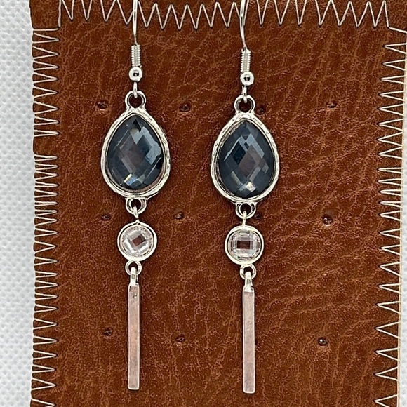 Long Formal Blue and Silver Tone Drop Dangle Hook Earrings - Picture 1 of 4